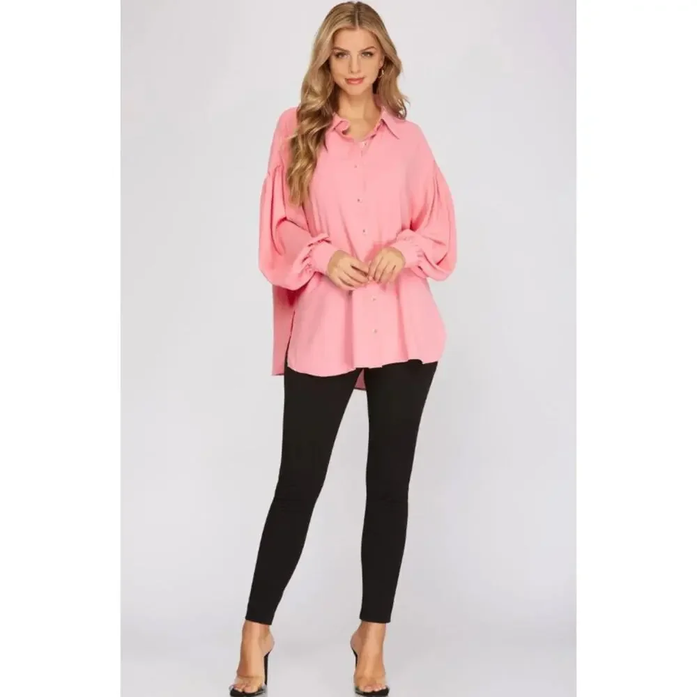 Rose Pink Button Down Blouse Balloon Sleeve Flowy Top Size Small - Picture 5 of 6